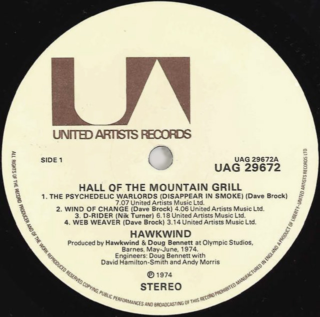 Hawkwind HALL OF THE MOUNTAIN GRILL label